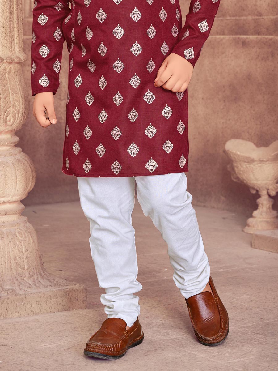 Maroon Heavy Magic Cotton Slub  Printed Festival Traditional Kurta Pyjama Boys Wear