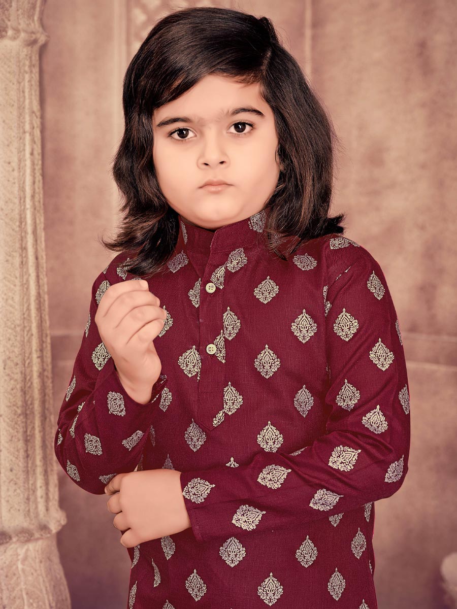 Maroon Heavy Magic Cotton Slub  Printed Festival Traditional Kurta Pyjama Boys Wear