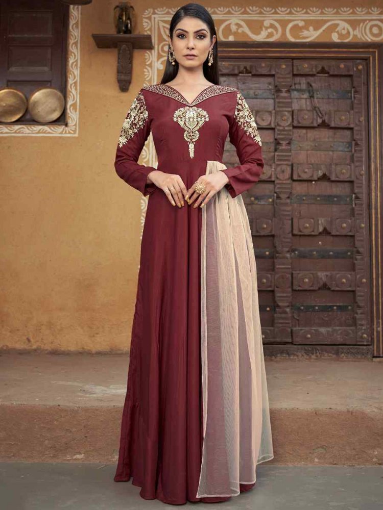 Maroon Heavy Maslin Embroidered Festival Party Gown
