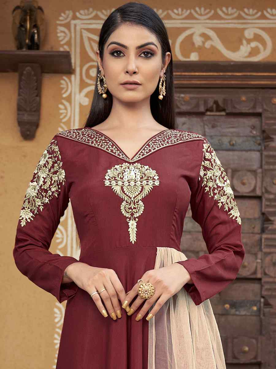 Maroon Heavy Maslin Embroidered Festival Party Gown