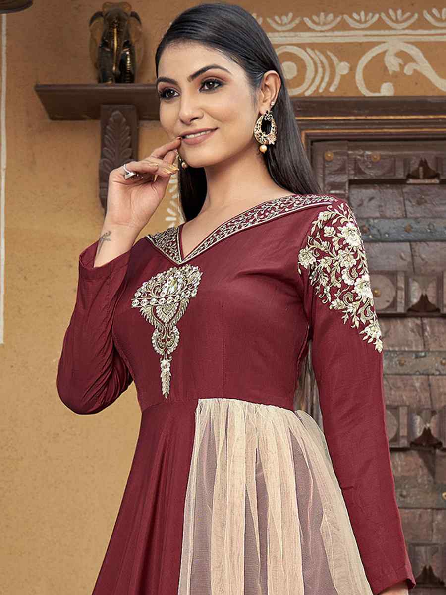 Maroon Heavy Maslin Embroidered Festival Party Gown