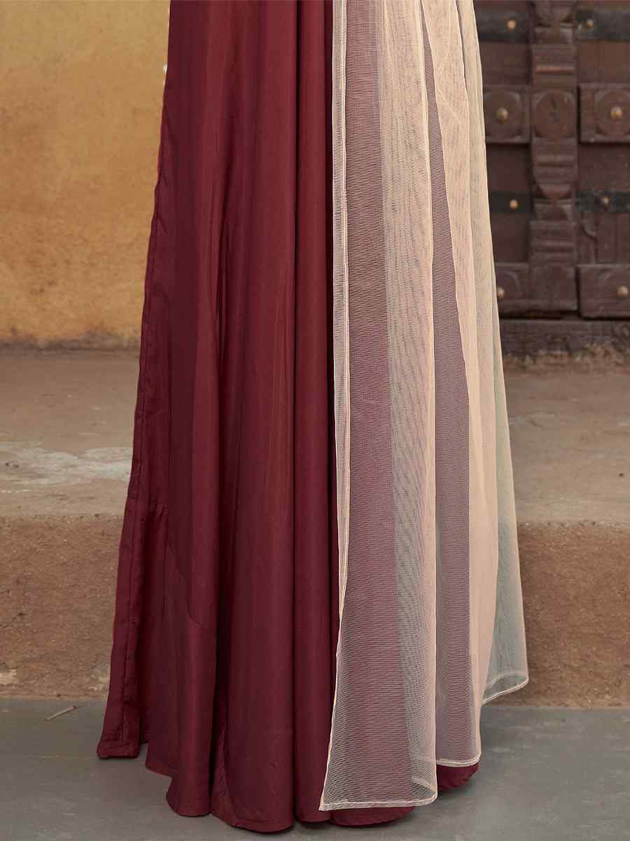 Maroon Heavy Maslin Embroidered Festival Party Gown