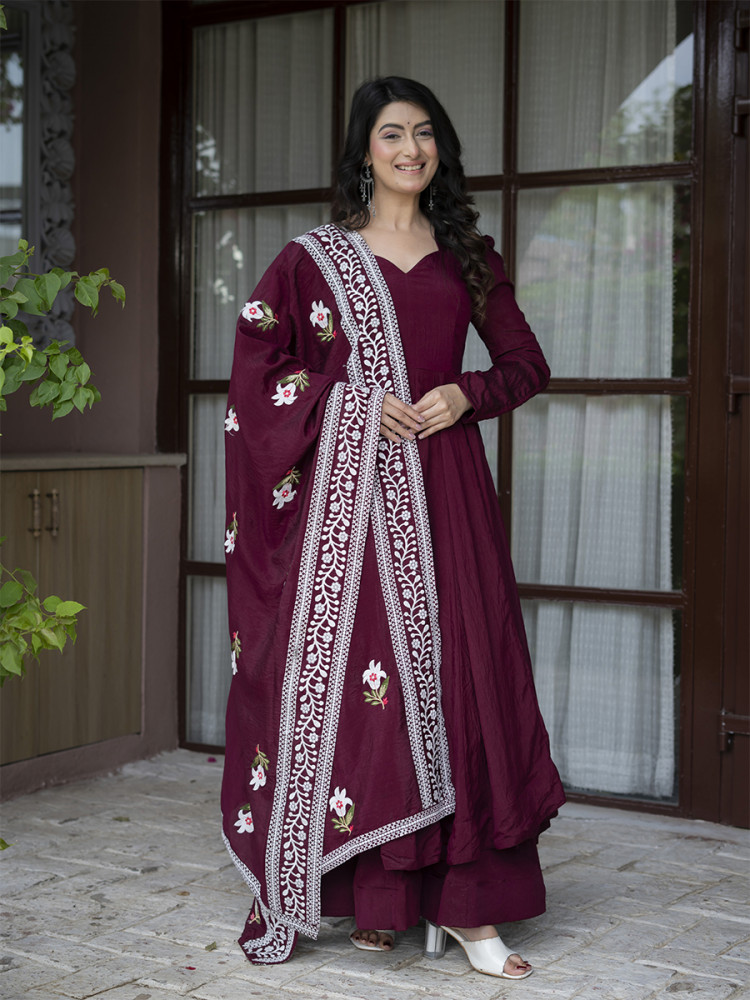 Image of Maroon Heavy NC Vichitra Silk Embroidery Sequins Wedding Party Festival Casual Ready Anarkali Palazzo Pant Salwar Kameez