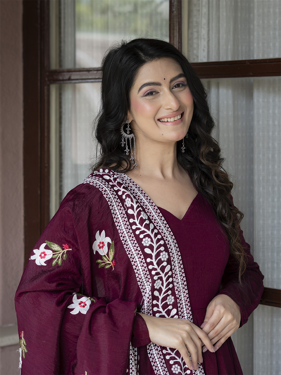 Maroon Heavy NC Vichitra Silk Embroidery Sequins Wedding Party Festival Casual Ready Anarkali Palazzo Pant Salwar Kameez