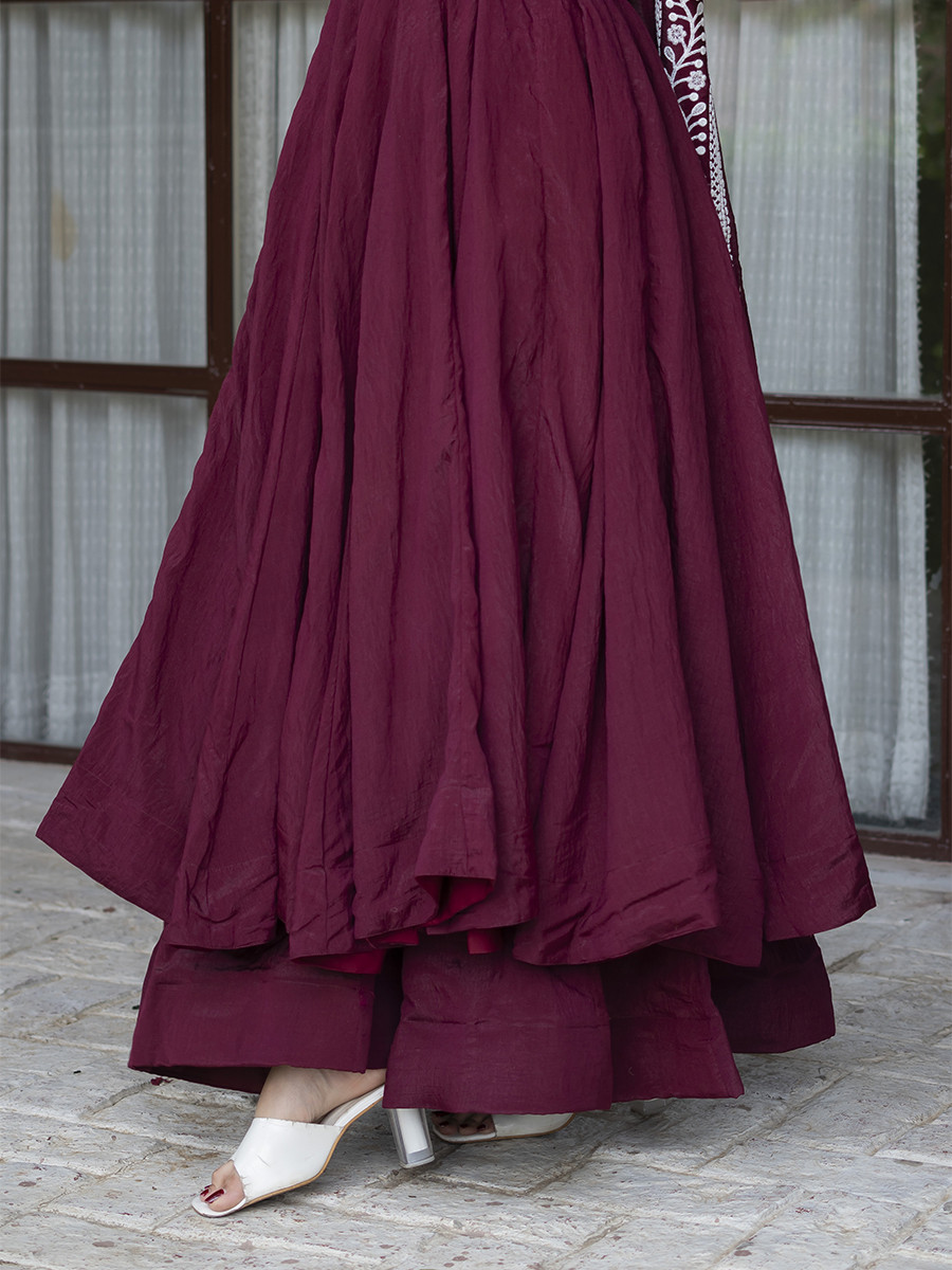 Maroon Heavy NC Vichitra Silk Embroidery Sequins Wedding Party Festival Casual Ready Anarkali Palazzo Pant Salwar Kameez