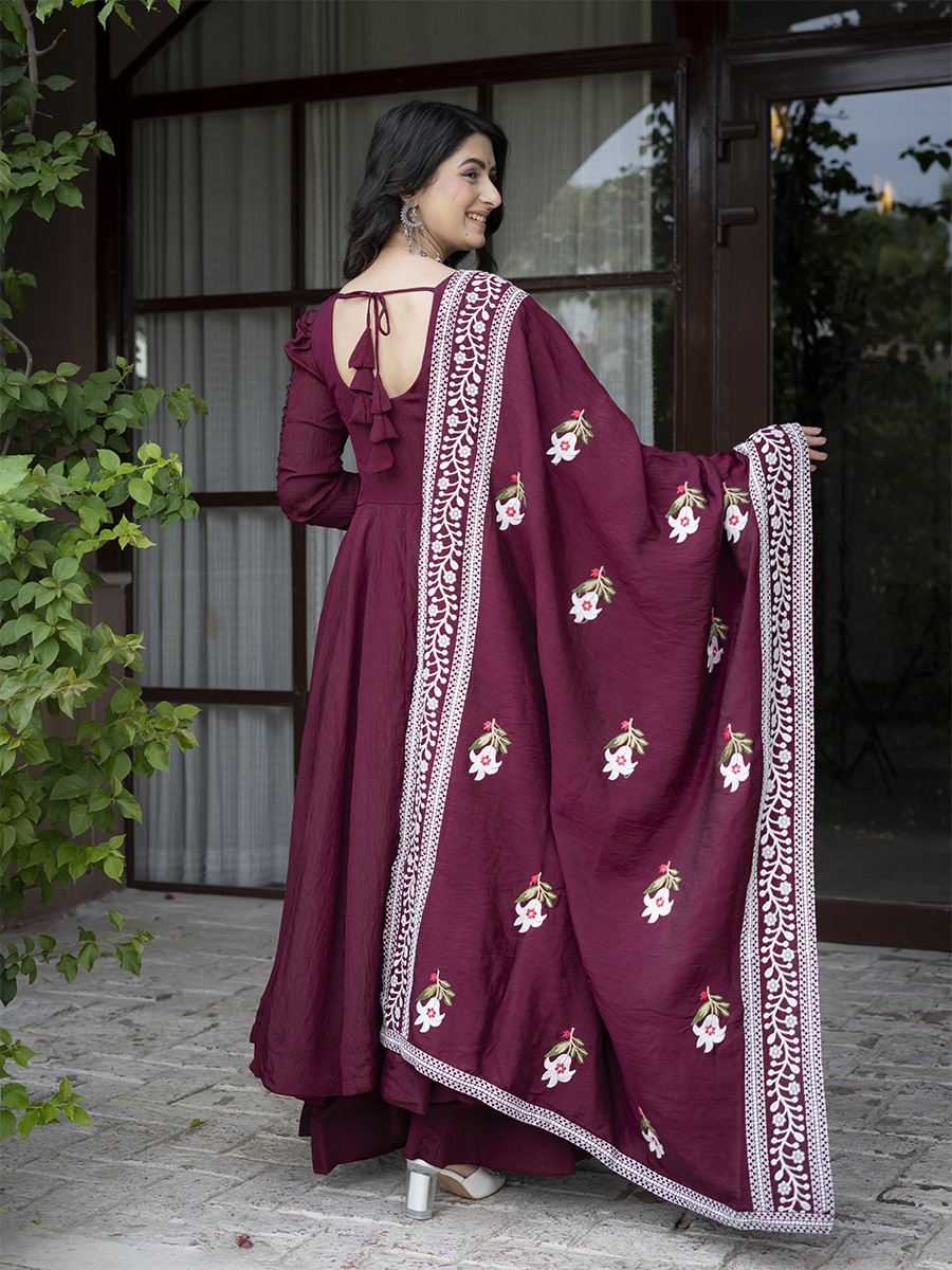Maroon Heavy NC Vichitra Silk Embroidery Sequins Wedding Party Festival Casual Ready Anarkali Palazzo Pant Salwar Kameez