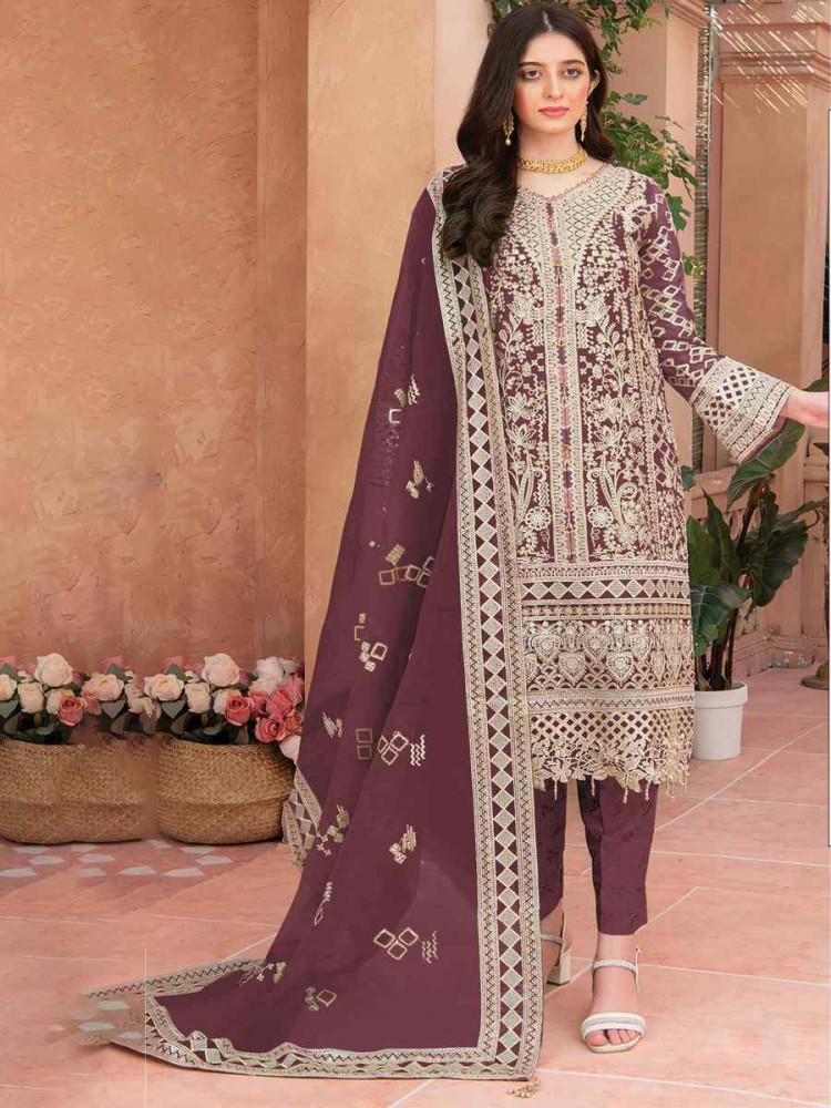 Maroon Heavy Organza Embroidered Festival Casual Pant Salwar Kameez