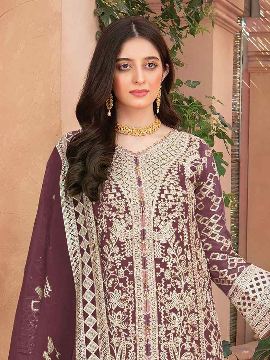 Maroon Heavy Organza Embroidered Festival Casual Pant Salwar Kameez