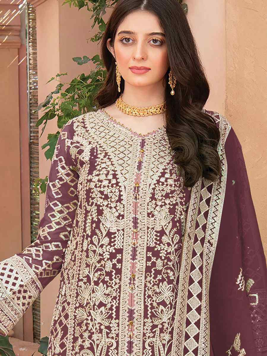 Maroon Heavy Organza Embroidered Festival Casual Pant Salwar Kameez
