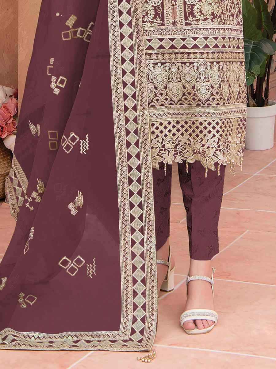 Maroon Heavy Organza Embroidered Festival Casual Pant Salwar Kameez