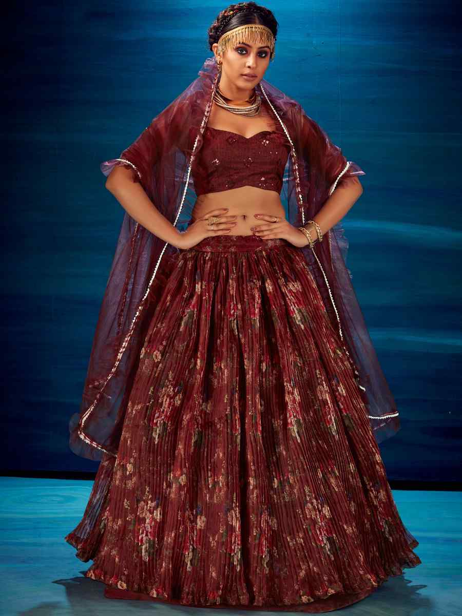 Maroon Heavy Organza Embroidered Festival Wedding Circular Lehenga Choli