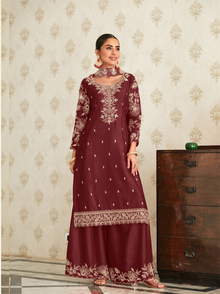Maroon Heavy Premium Chinon Embroidery Wedding Party Festival Casual Palazzo Pant Salwar Kameez