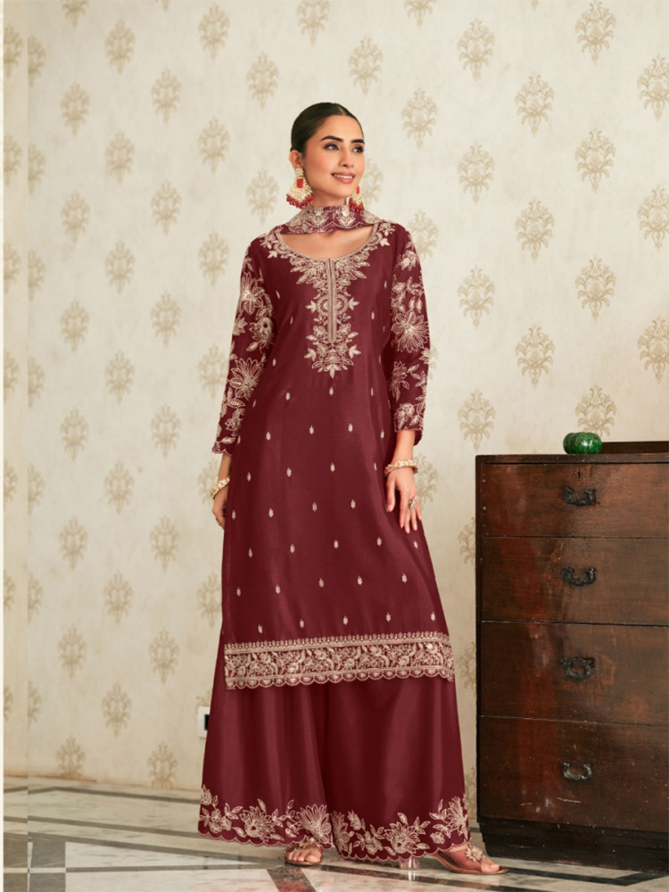 Image of Maroon Heavy Premium Chinon Embroidery Wedding Party Festival Casual Palazzo Pant Salwar Kameez