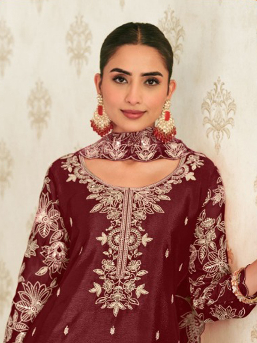 Maroon Heavy Premium Chinon Embroidery Wedding Party Festival Casual Palazzo Pant Salwar Kameez