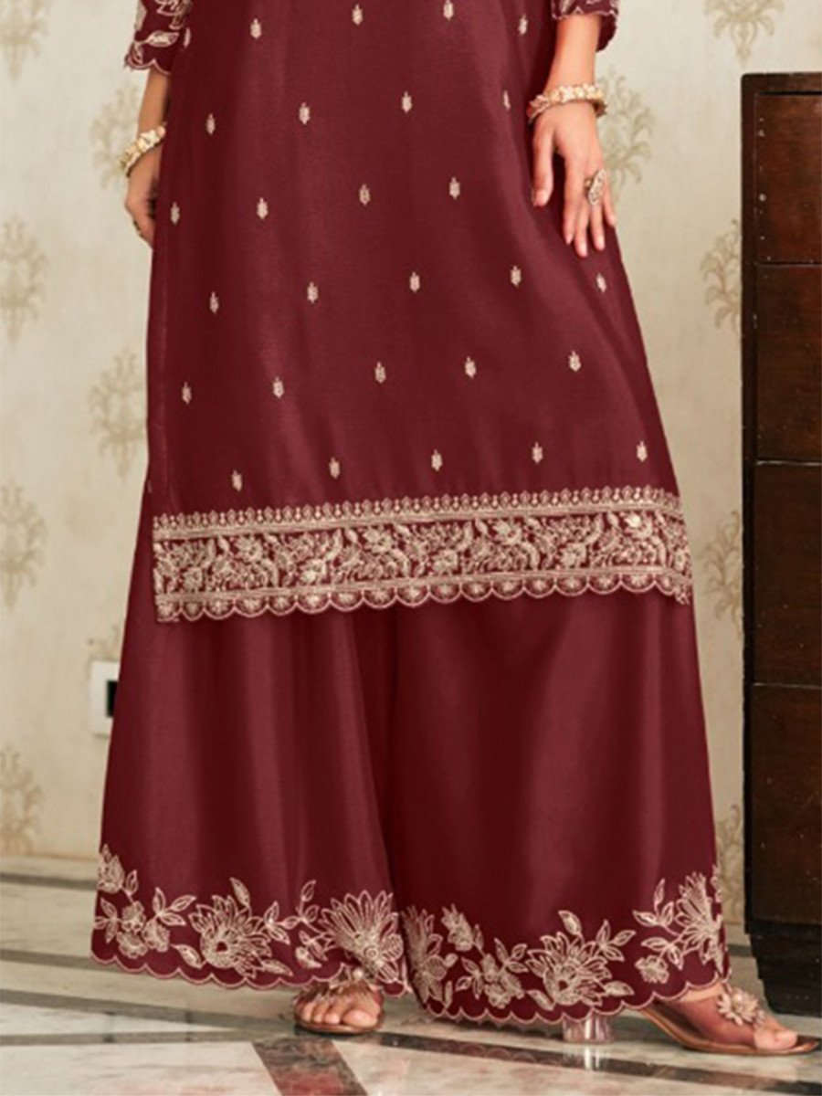 Maroon Heavy Premium Chinon Embroidery Wedding Party Festival Casual Palazzo Pant Salwar Kameez