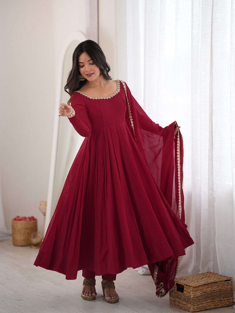 Maroon Heavy Pure Mal Chanderi Silk Stone Work Lace Wedding Party Festival Casual Ready Anarkali Pant Salwar Kameez