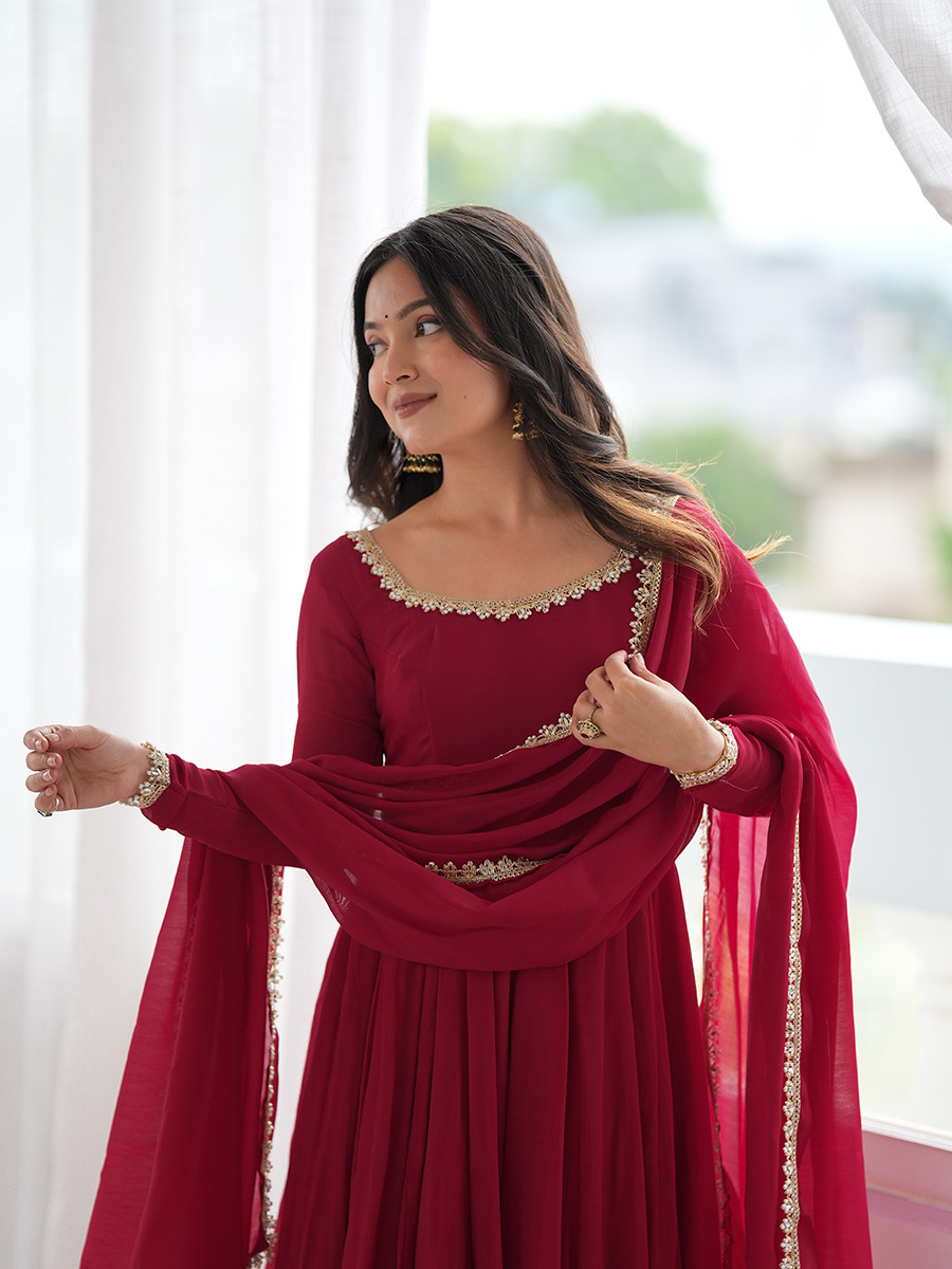 Maroon Heavy Pure Mal Chanderi Silk Stone Work Lace Wedding Party Festival Casual Ready Anarkali Pant Salwar Kameez