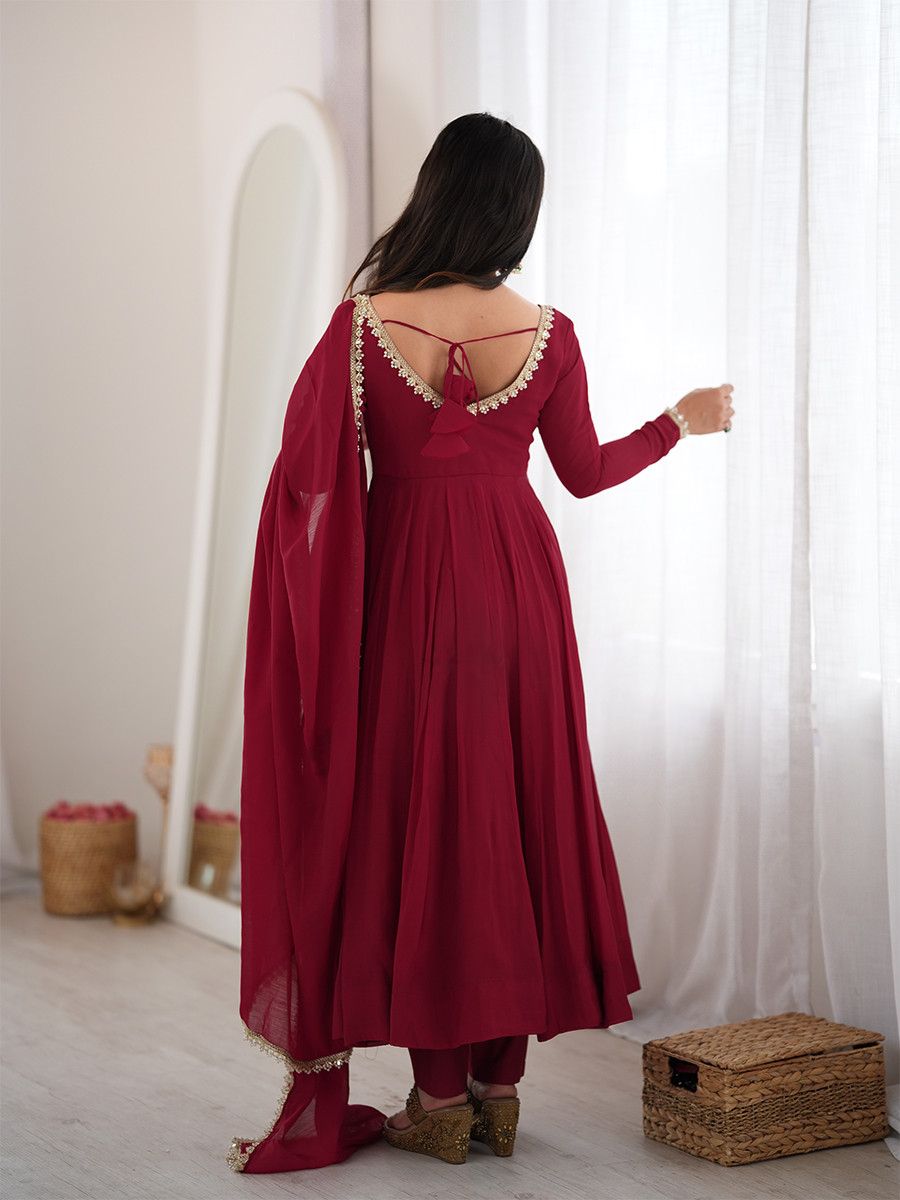 Maroon Heavy Pure Mal Chanderi Silk Stone Work Lace Wedding Party Festival Casual Ready Anarkali Pant Salwar Kameez