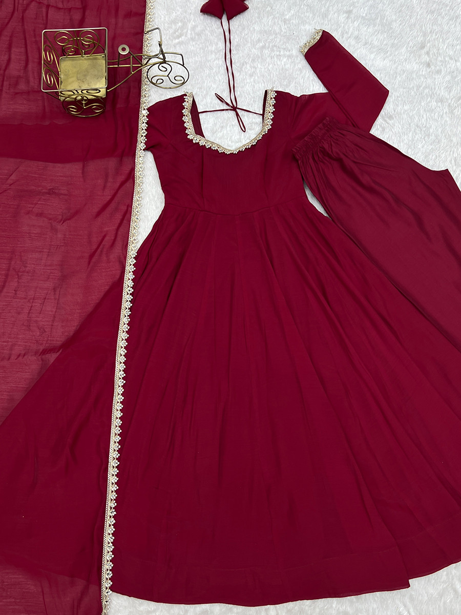 Maroon Heavy Pure Mal Chanderi Silk Stone Work Lace Wedding Party Festival Casual Ready Anarkali Pant Salwar Kameez