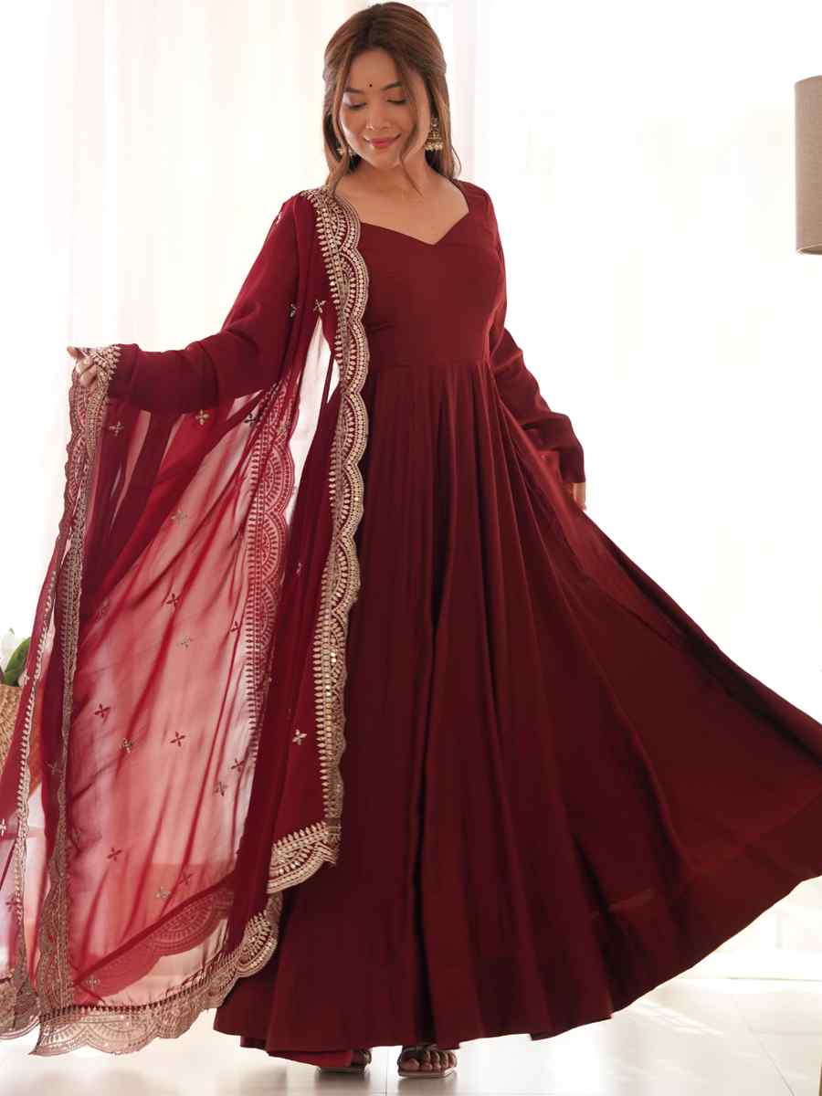 Maroon Heavy Pure Roman Silk Chanderi Embroidered Festival Party Gown