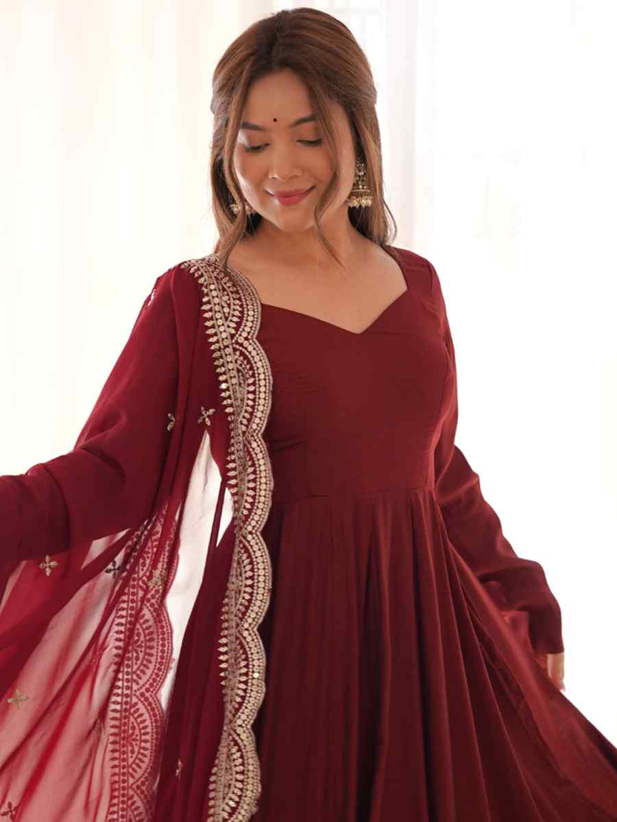Maroon Heavy Pure Roman Silk Chanderi Embroidered Festival Party Gown