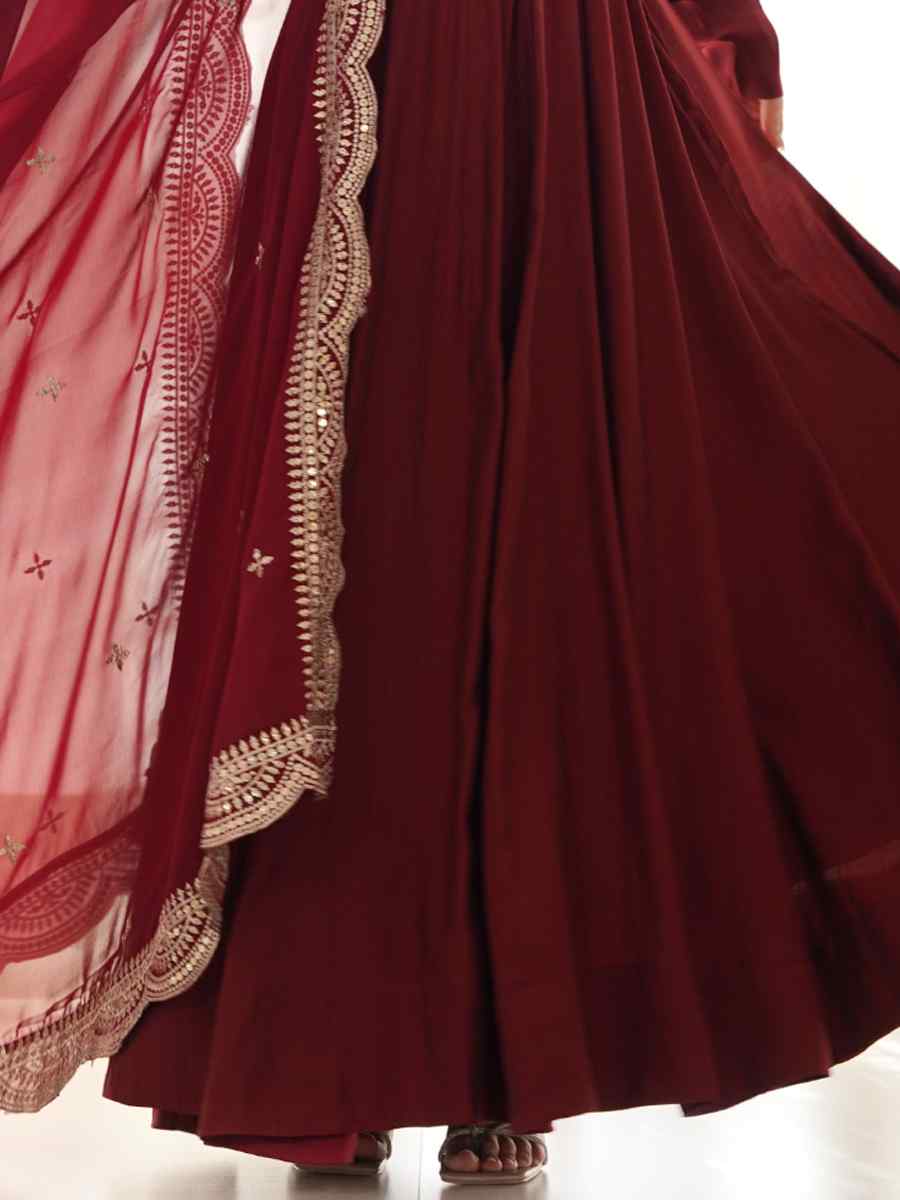 Maroon Heavy Pure Roman Silk Chanderi Embroidered Festival Party Gown