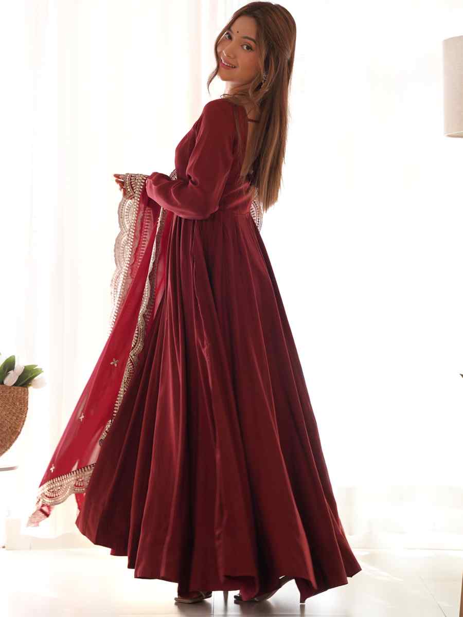 Maroon Heavy Pure Roman Silk Chanderi Embroidered Festival Party Gown