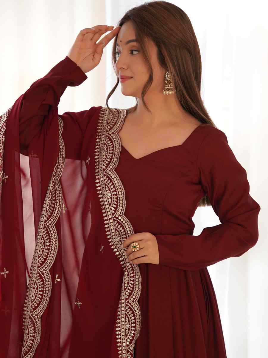Maroon Heavy Pure Roman Silk Chanderi Embroidered Festival Party Gown