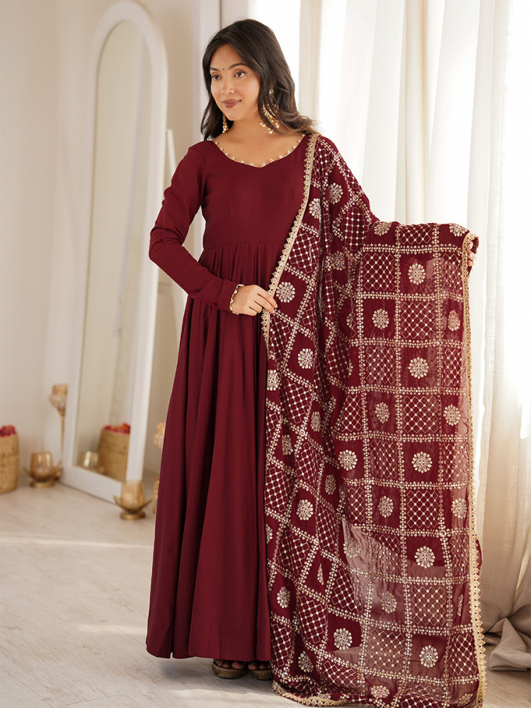 Image of Maroon Heavy Pure Roman Silk Chanderi Embroidery Sequins Zari Lace Wedding Party Festival Casual Ready Anarkali Pant Salwar Kameez