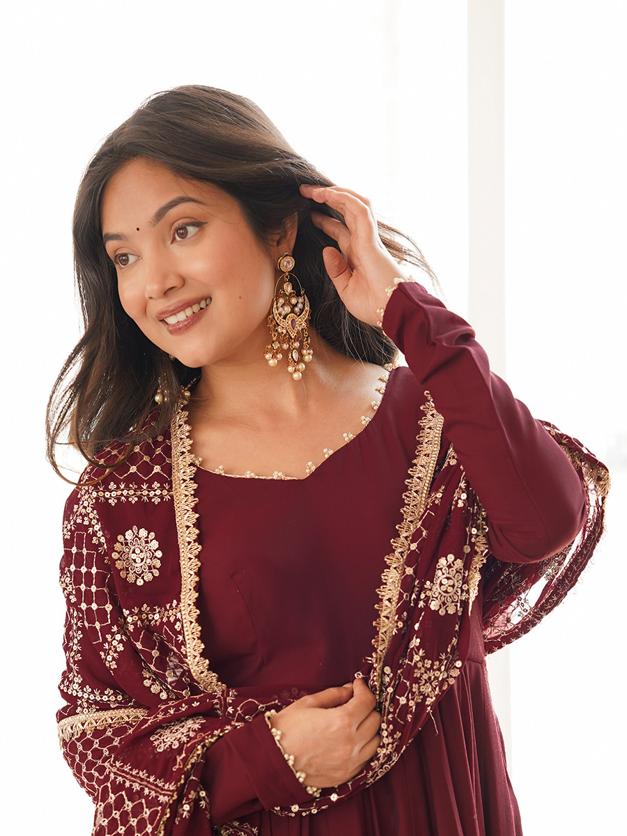 Maroon Heavy Pure Roman Silk Chanderi Embroidery Sequins Zari Lace Wedding Party Festival Casual Ready Anarkali Pant Salwar Kameez
