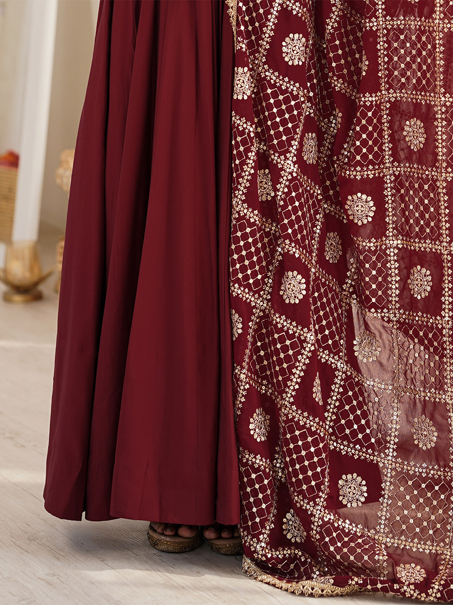 Maroon Heavy Pure Roman Silk Chanderi Embroidery Sequins Zari Lace Wedding Party Festival Casual Ready Anarkali Pant Salwar Kameez