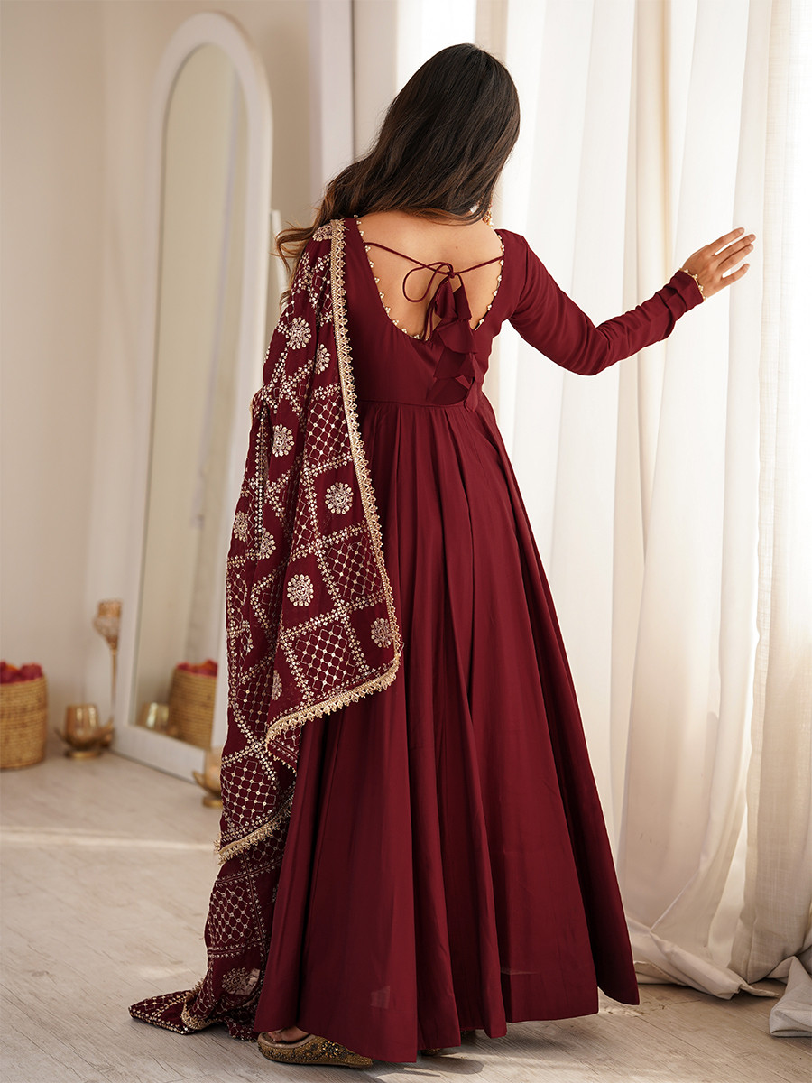 Maroon Heavy Pure Roman Silk Chanderi Embroidery Sequins Zari Lace Wedding Party Festival Casual Ready Anarkali Pant Salwar Kameez