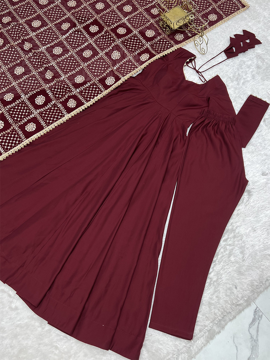 Maroon Heavy Pure Roman Silk Chanderi Embroidery Sequins Zari Lace Wedding Party Festival Casual Ready Anarkali Pant Salwar Kameez