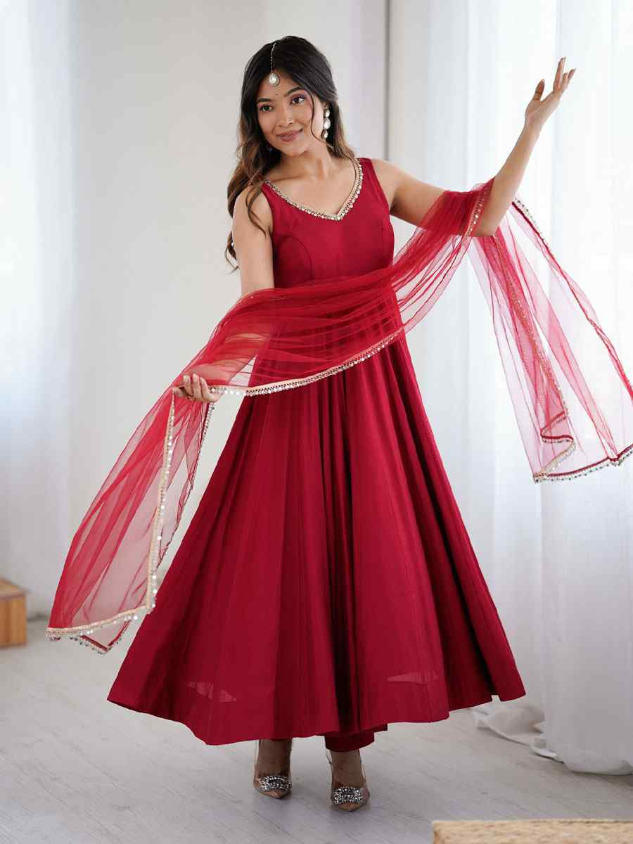 Maroon Heavy Pure Roman Silk Plain Party Wedding Festival Casual Ready Anarkali Salwar Kameez