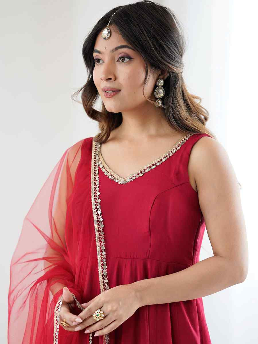 Maroon Heavy Pure Roman Silk Plain Party Wedding Festival Casual Ready Anarkali Salwar Kameez