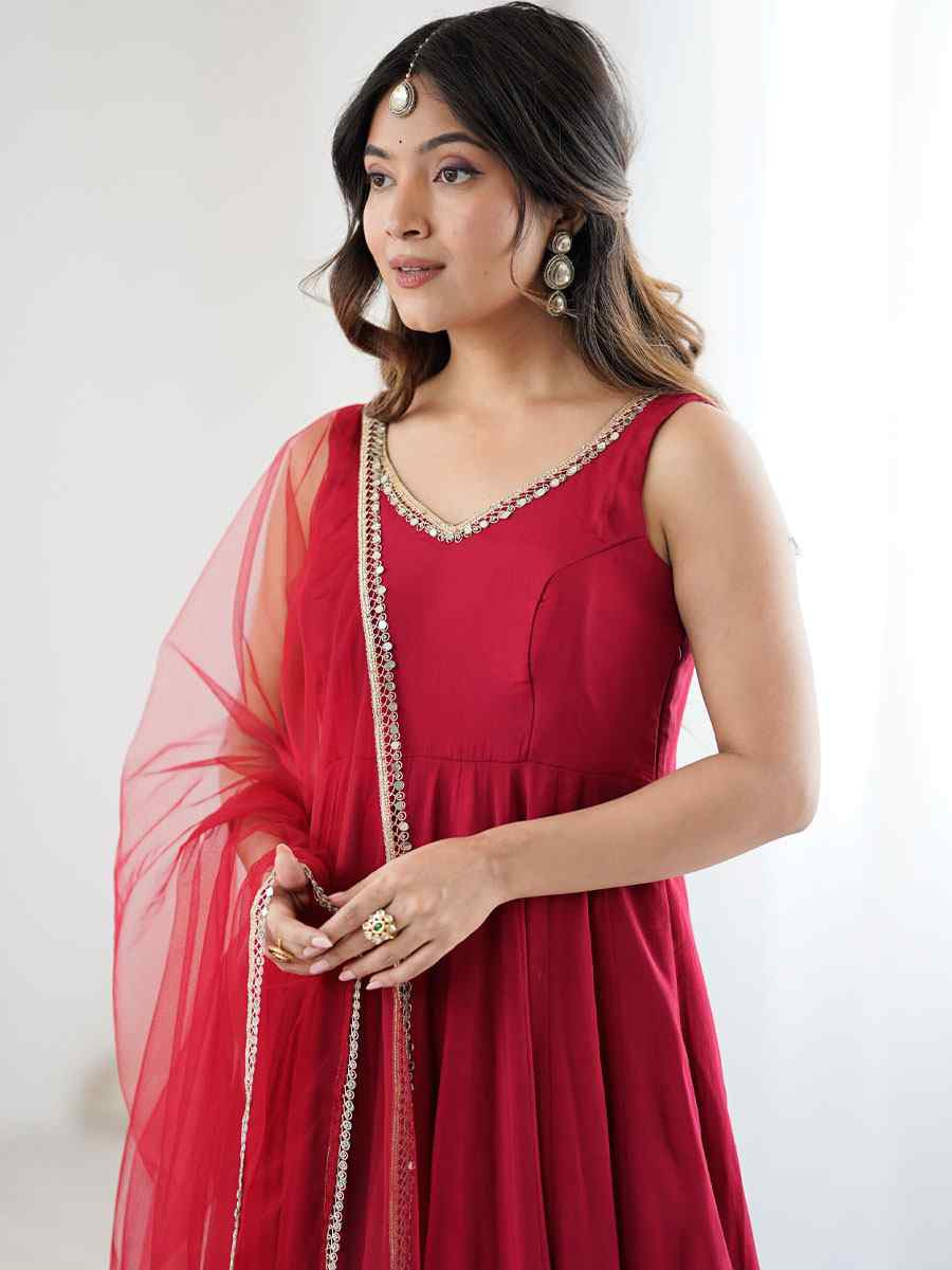 Maroon Heavy Pure Roman Silk Plain Party Wedding Festival Casual Ready Anarkali Salwar Kameez