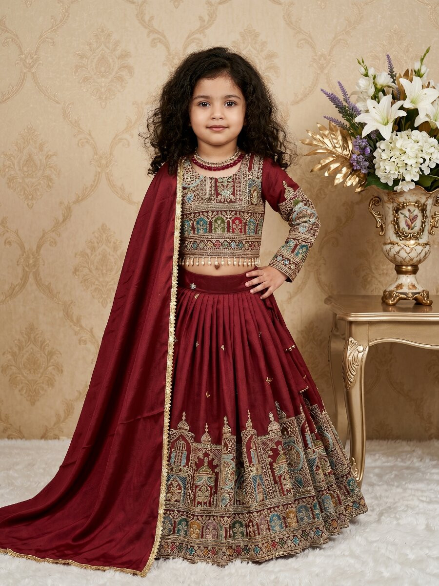 Maroon Heavy Pure Vichitra Embroidered Sequins Ethnic Casual Festival Party Wedding Lehengas Girls Wear