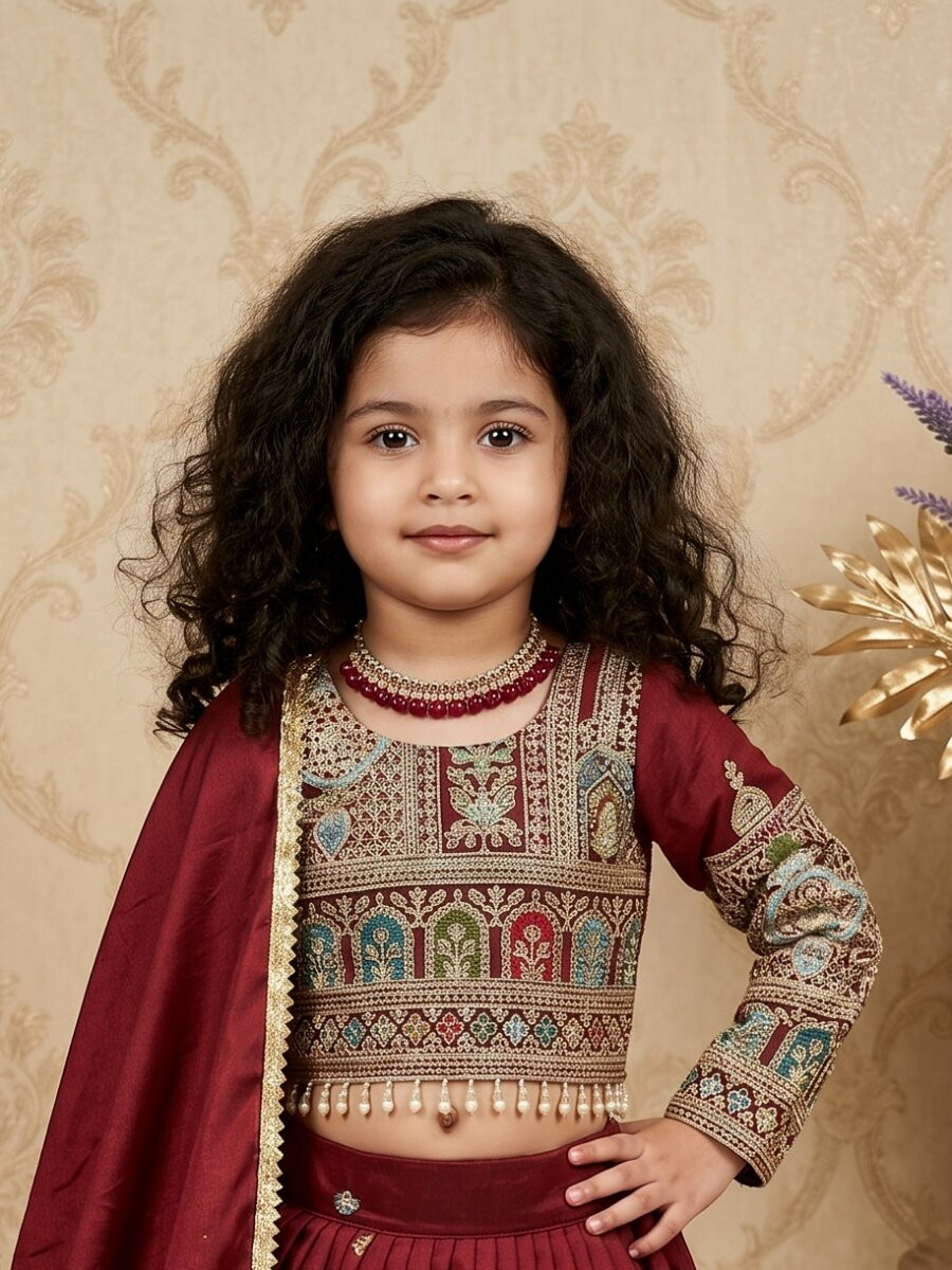Maroon Heavy Pure Vichitra Embroidered Sequins Ethnic Casual Festival Party Wedding Lehengas Girls Wear