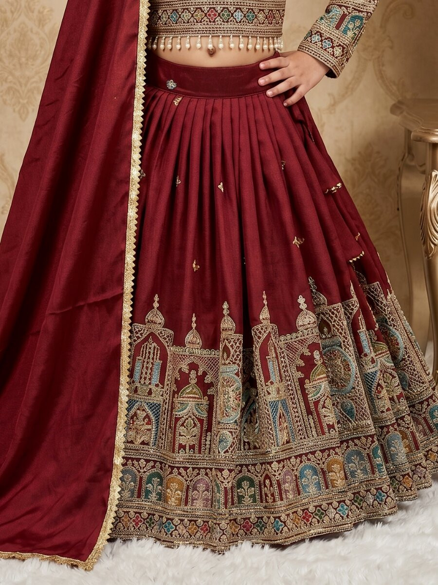 Maroon Heavy Pure Vichitra Embroidered Sequins Ethnic Casual Festival Party Wedding Lehengas Girls Wear