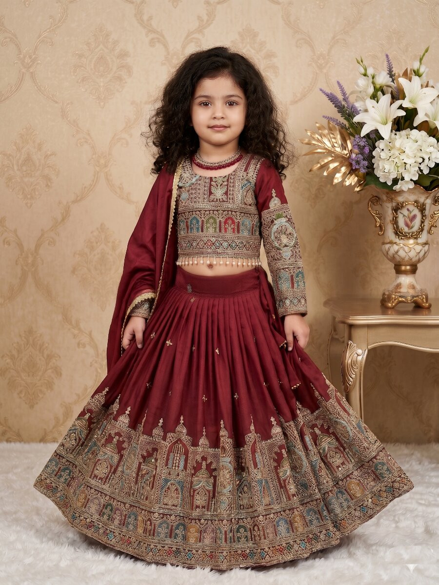 Maroon Heavy Pure Vichitra Embroidered Sequins Ethnic Casual Festival Party Wedding Lehengas Girls Wear