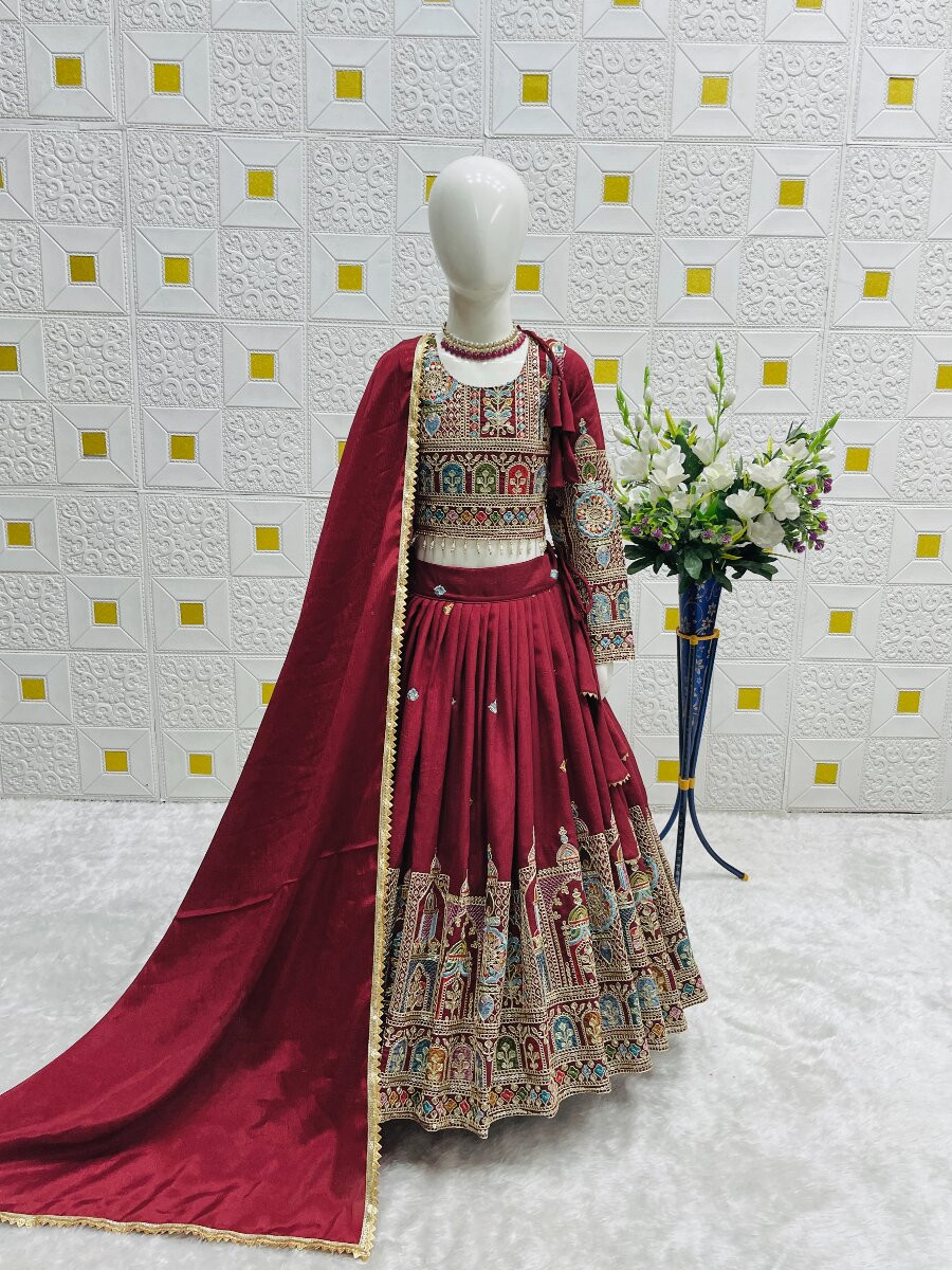 Maroon Heavy Pure Vichitra Embroidered Sequins Ethnic Casual Festival Party Wedding Lehengas Girls Wear