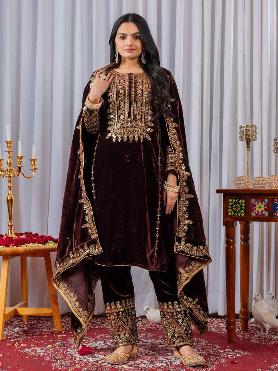 Maroon Heavy Pure Viscose Velvet Embroidery Party Wedding Festival Casual Ready Pant Salwar Kameez