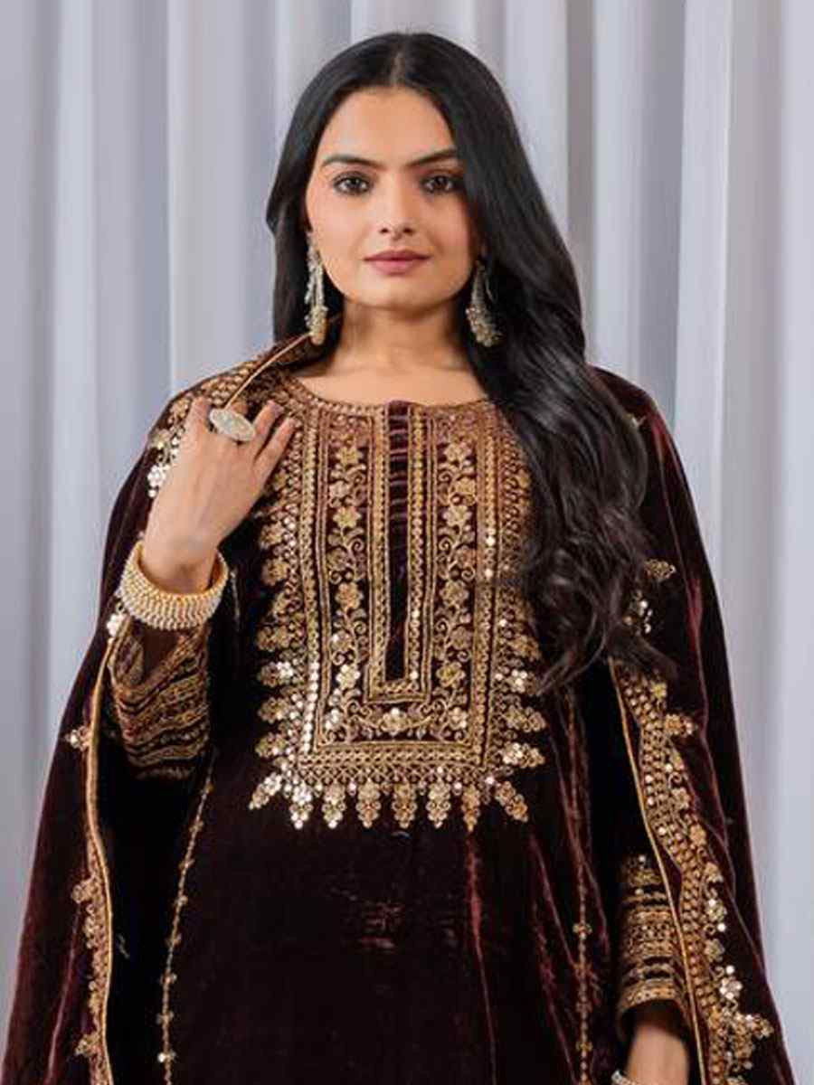 Maroon Heavy Pure Viscose Velvet Embroidery Party Wedding Festival Casual Ready Pant Salwar Kameez