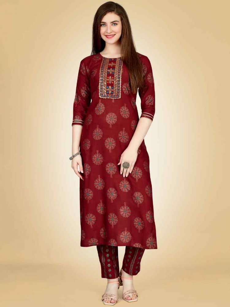 Maroon Heavy Rayon 14 Kgs Embroidered Festival Casual Kurti