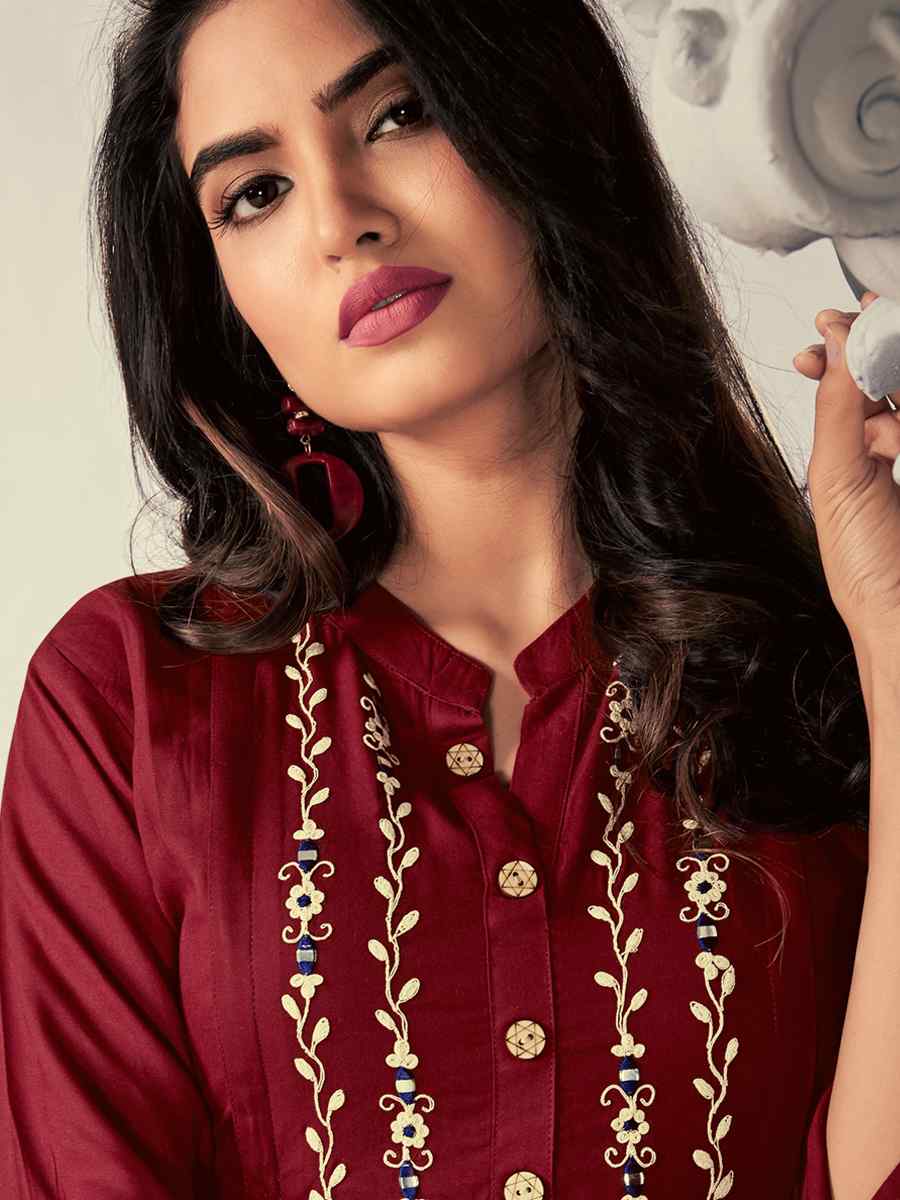 Maroon Heavy Rayon Embroidered Festival Casual Kurti
