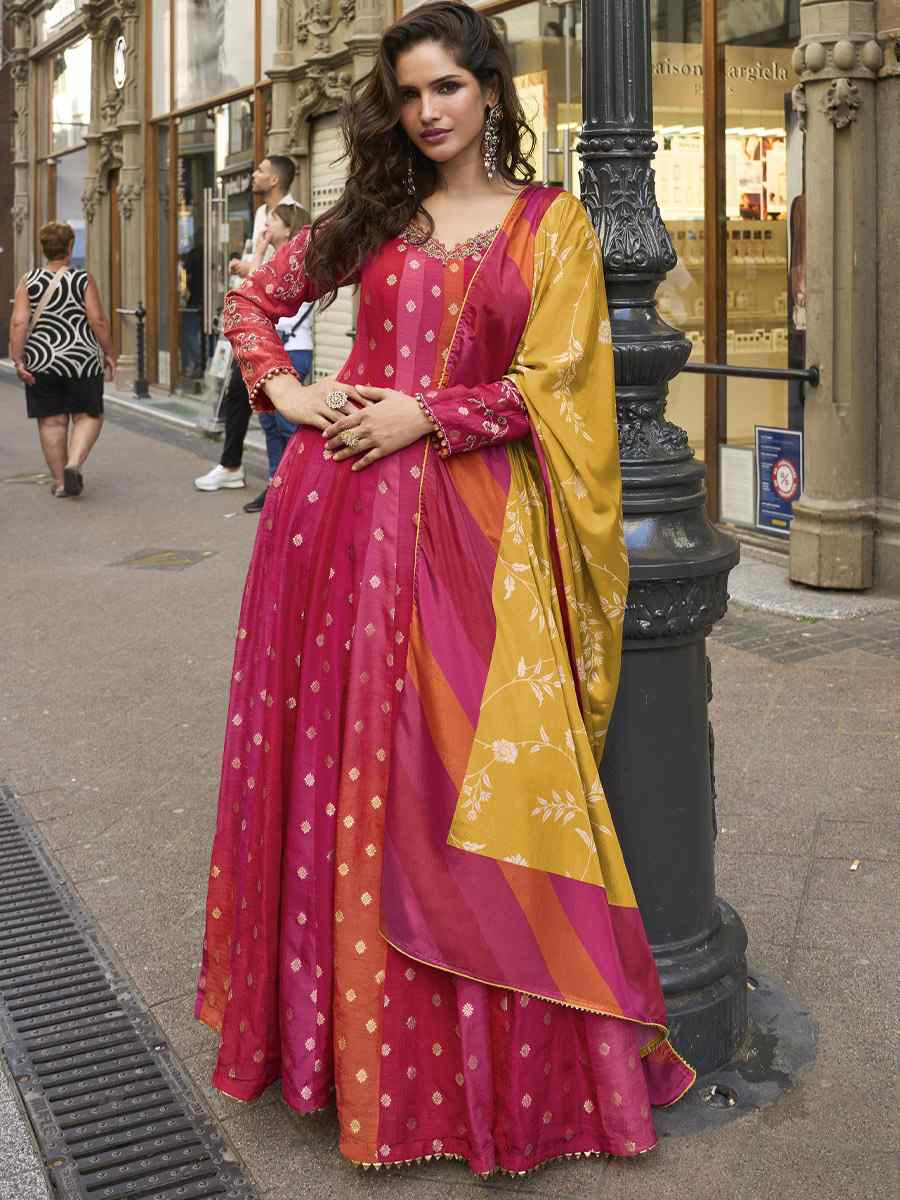Maroon Heavy Real Vichitra Silk Embroidered Festival Casual Gown Women Wear