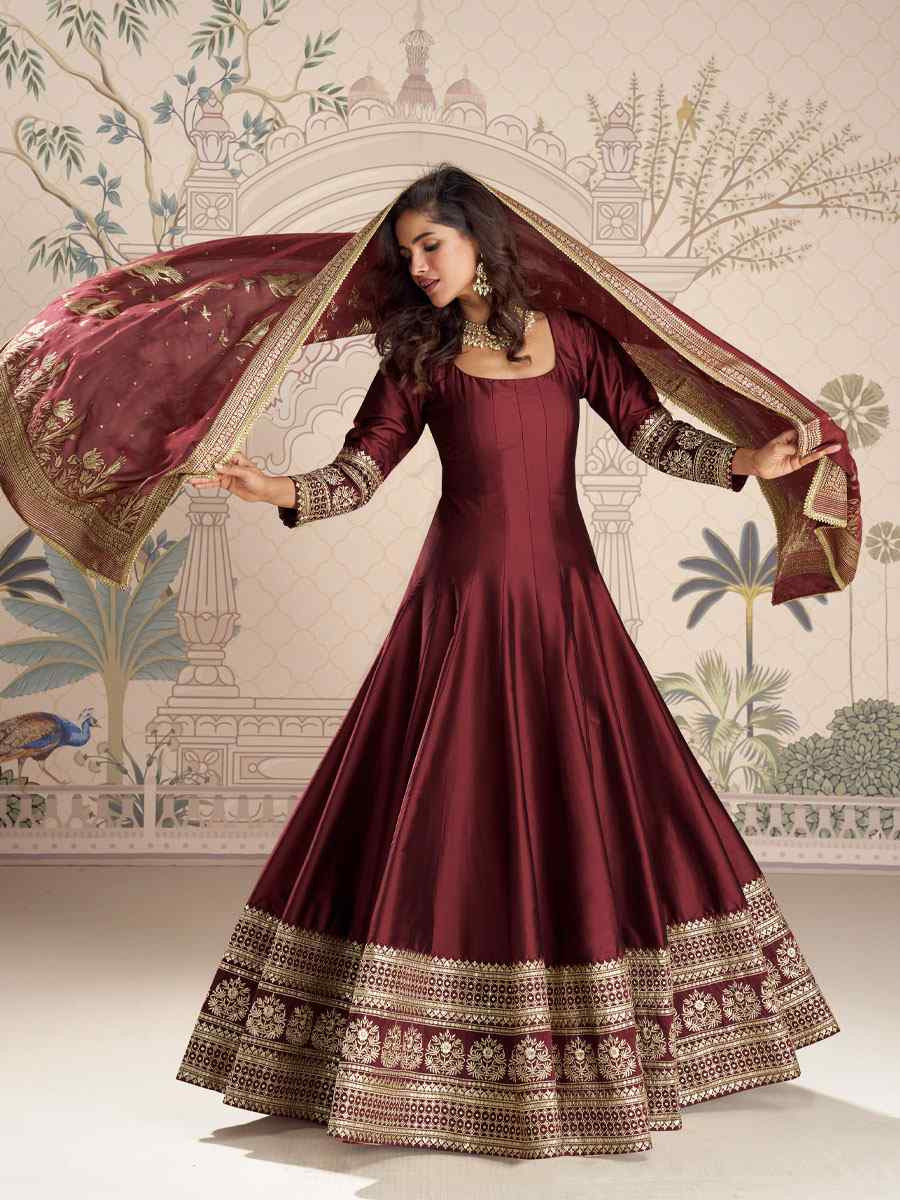Maroon Heavy Real Vichitra Silk Embroidered Festival Casual Gown Women Wear
