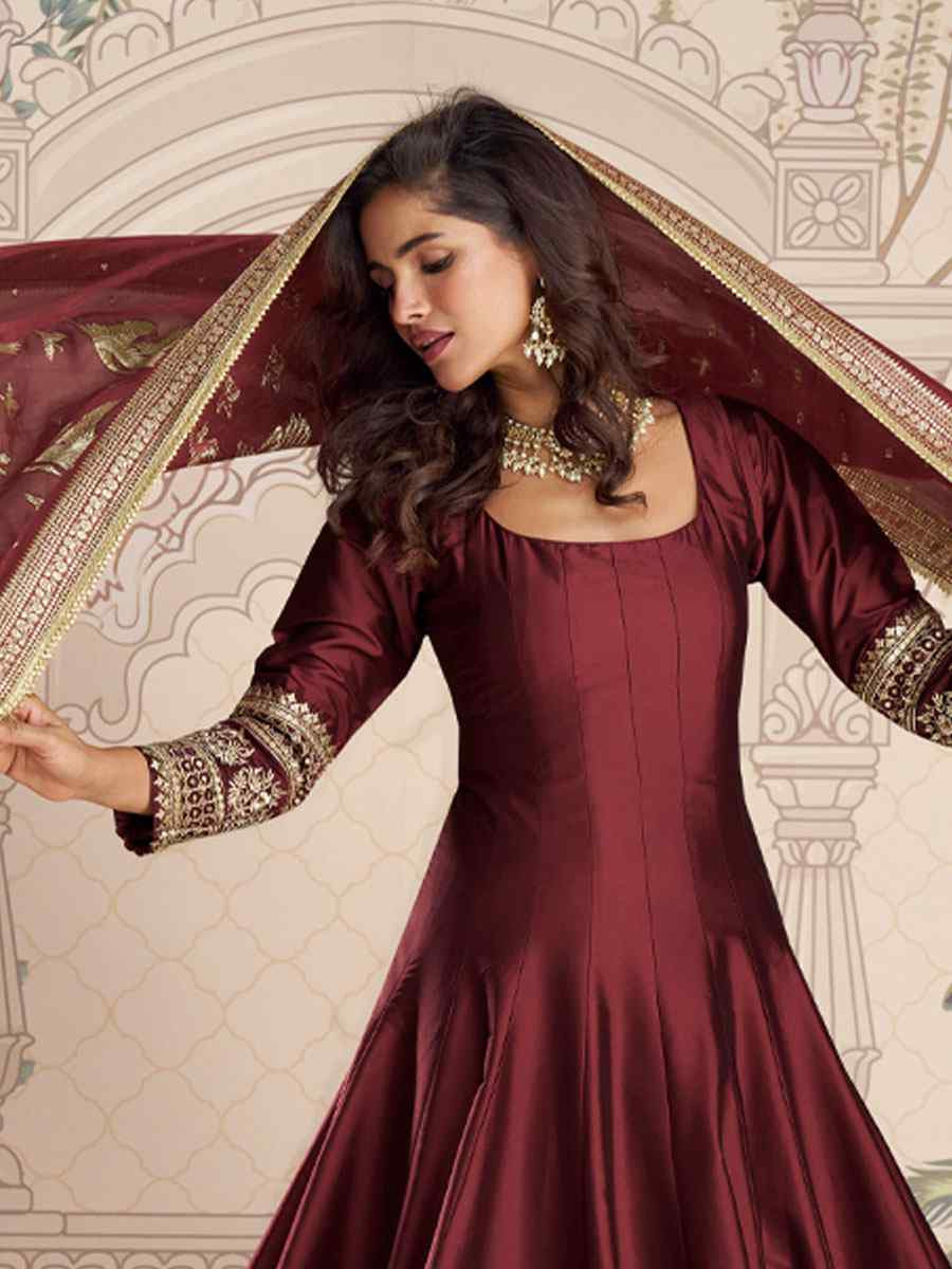 Maroon Heavy Real Vichitra Silk Embroidered Festival Casual Gown Women Wear