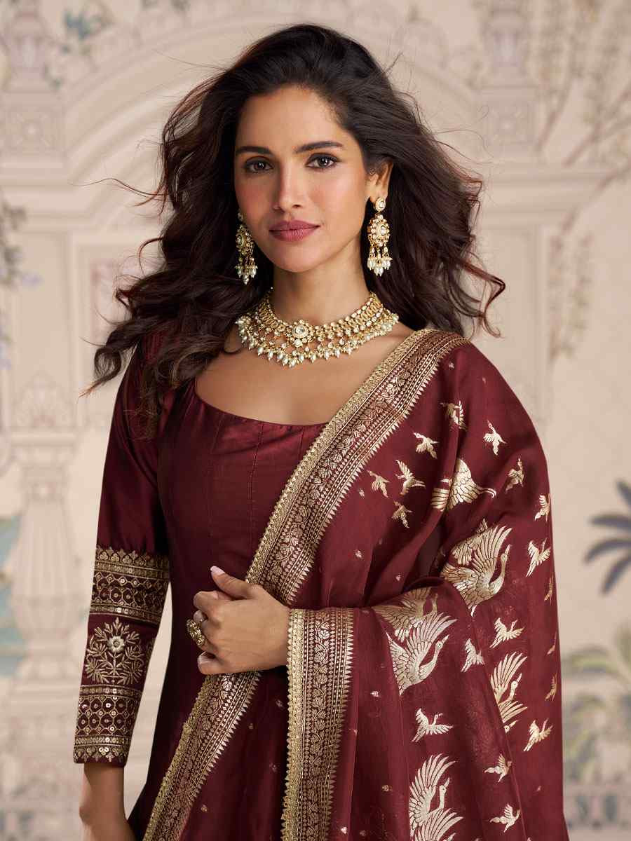 Maroon Heavy Real Vichitra Silk Embroidered Festival Casual Gown Women Wear
