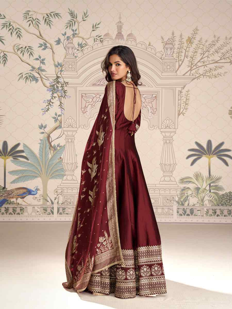 Maroon Heavy Real Vichitra Silk Embroidered Festival Casual Gown Women Wear